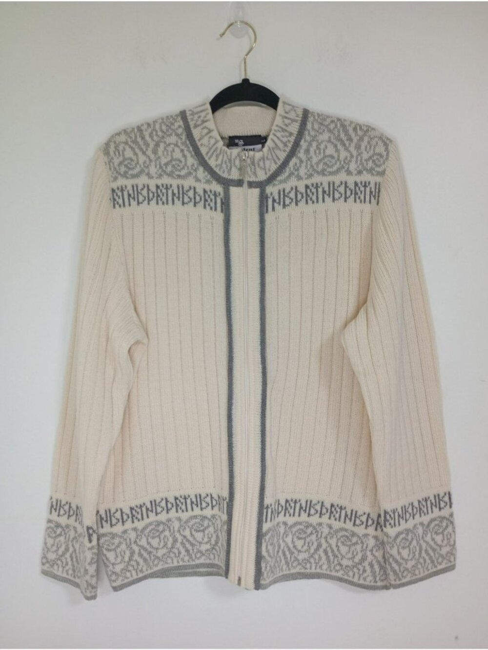 Valent Cream Wool Nordic-Style Zip-Up Sweater Cardigan W/ Gray Pattern Size L